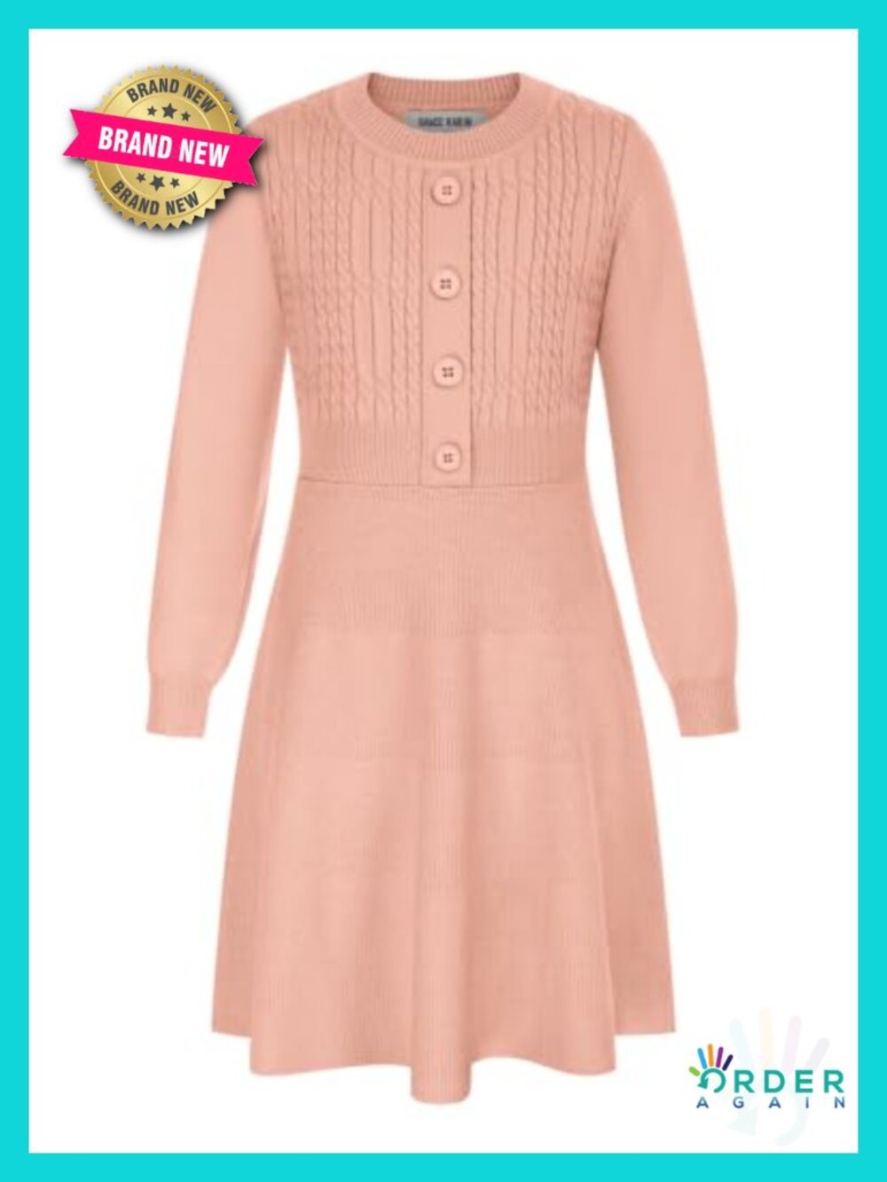 Girls Cable Knit Sweater Dress Long Sleeve A-Line Button Front Fall Winter